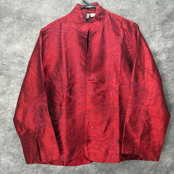 Anu Raw Silk Open Front Jacket Womens L Red Embroidered Paisley Shiny Artsy - Picture 1 of 10